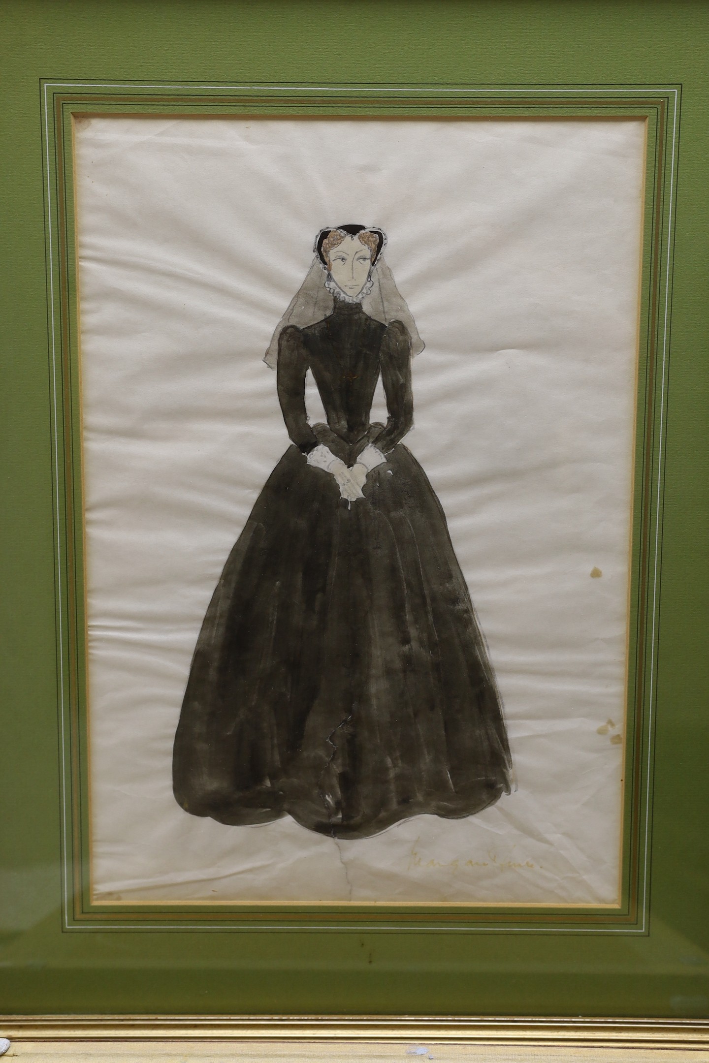 Margaret Furse, four pencil and watercolour costume designs, together with eight black and white photographs of Universal Pictures film, Mary, Queen of Scots, watercolours 39 x 27cm, photographs 61 x 50cm